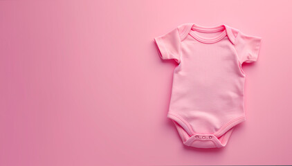 Light pink baby bodysuit on pastel background. Top view, space for text.	
