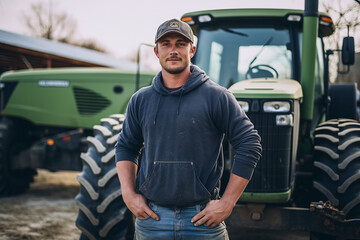 Farmer and the background is his tractor. Ai generate.