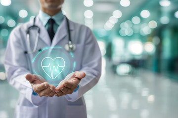 Doctor Presenting Virtual Heartbeat Symbol in Hospital Setting - obrazy, fototapety, plakaty