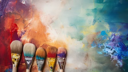 Foto op Canvas bright multicolored creative background, a group of brushes with paint on the background of a multicolored spectrum canvas, the idea of creativity banner, team © kichigin19
