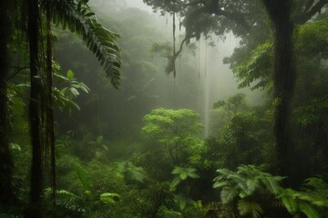 Fototapeta premium Mystical Canopy: A Captivating Image of a Forest Enshrouded in Ethereal Fog, Nature's Enigmatic Symphony. 