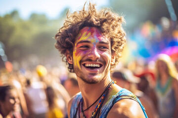 Happy male teenager is at a colorful music festival. Ai generate.