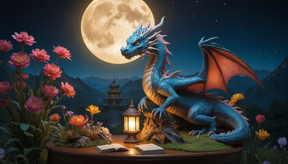 Fantasy dragon illustration. Cartoon style vivid colors.. Year 2024 Symbol art - obrazy, fototapety, plakaty