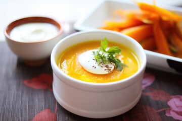 squash and carrot soup with a dollop of sour cream