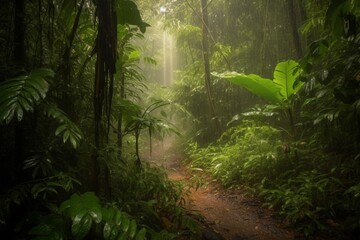 Fototapeta premium Mystical Canopy: A Captivating Image of a Forest Enshrouded in Ethereal Fog, Nature's Enigmatic Symphony. 