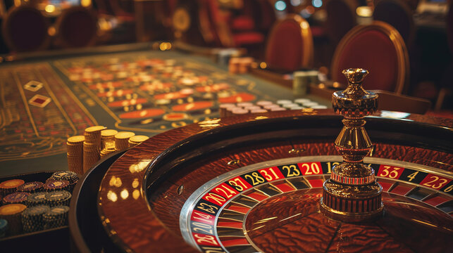Casino with roulette table in casino with chips. Background casino, no people