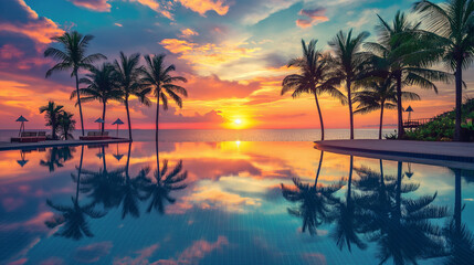 Fototapeta na wymiar Fantastic poolside, sunset sky, palm trees reflection, Vacation resort hotel