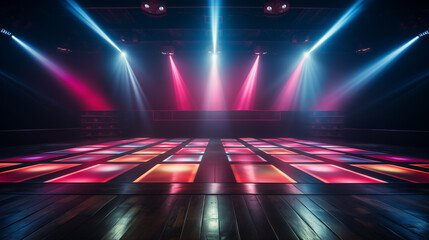 Fototapeta na wymiar Empty night club stage illuminated with red and blue spotlights
