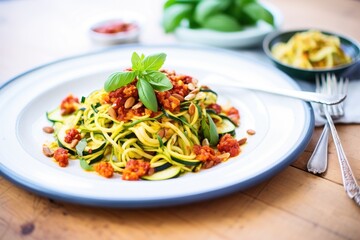 zoodles with sundried tomatoes and olives - obrazy, fototapety, plakaty