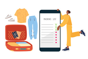 Packing list. Young girl packs suitcase for trip. Mobile smart phone with Packing List app. Open suitcase full of belongings. Flat vector illustration for travel, business trips, vacation isolated.