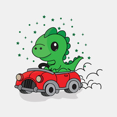 dinosaur on a red car.