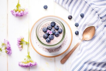 blueberry chia pudding with whole blueberries, linen napkin