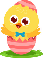 Surprise Cute Yellow Chick Cartoon Character Out Of An Egg Shell. Vector Illustration Flat Design Isolated On Transparent Background