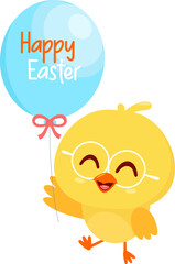 Cute Yellow Chick Cartoon Character Holding Balloon With Text Happy Easter. Vector Illustration Flat Design Isolated On Transparent Background