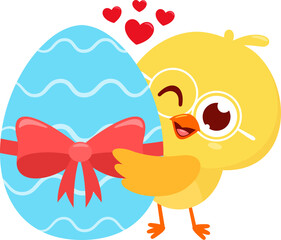 Cute Yellow Chick Cartoon Character Showing A Easter Egg. Vector Illustration Flat Design Isolated On Transparent Background