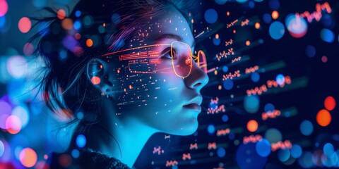 woman look up portrait in vr glasses hologram, glowing virtual headset with connection, earth sphere and lines. - obrazy, fototapety, plakaty