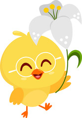 Cute Yellow Chick Cartoon Character Walking And Holding A Flower. Vector Illustration Flat Design Isolated On Transparent Background