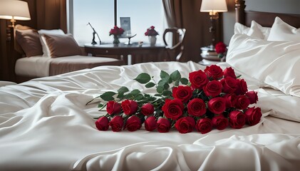 A luxurious suite with a double bed showcases a beautiful arrangement of red roses from a wide-angle perspective