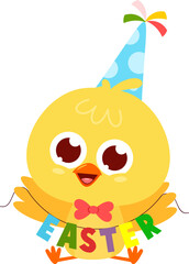 Cute Yellow Chick Cartoon Character With Sign Easter. Vector Illustration Flat Design Isolated On Transparent Background