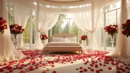 Fototapeten interior of a valentine room with a bed, red rose bouquets and red petals on the floor © Holly Berridge