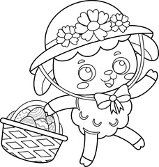 Outlined Cute Little Sheep Cartoon Character Running With Easter Eggs Basket. Vector Hand Drawn Illustration Isolated On Transparent Background