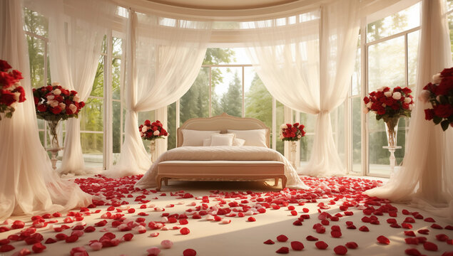 interior of a valentine room with a bed, red rose bouquets and red petals on the floor