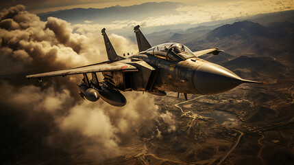Fighter plane jet above somewhere in the middle east - obrazy, fototapety, plakaty