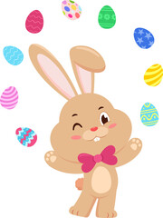 Cute Bunny Rabbit Cartoon Character Juggling With Easter Eggs. Vector Illustration Flat Design Isolated On Transparent Background
