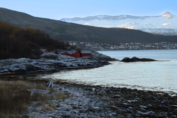 winter landscape with sea and mountains in Norway