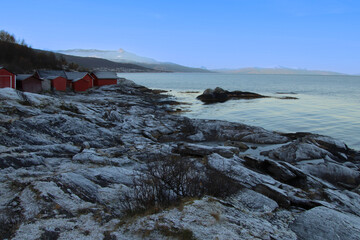 winter landscape with sea and mountains in Norway