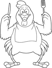 Outlined Hungry Chicken Rooster Cartoon Character With Knife And Fork. Vector Hand Drawn Illustration Isolated On Transparent Background