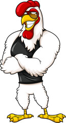 Smiling Rooster Cartoon Character With Sunglasses. Vector Hand Drawn Illustration Isolated On Transparent Background