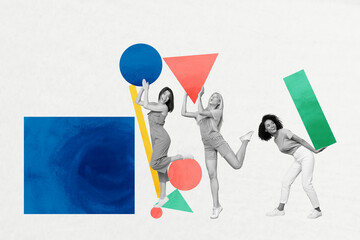 Creative collage picture illustration monochrome effect excited happy enjoy young three ladies carry hold take colorful teamwork together