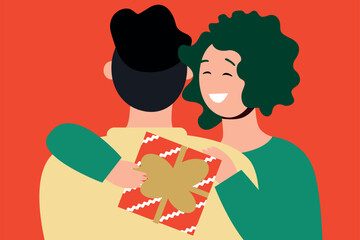 Family embraces Gift-Giving as giving and receiving gifts, flat vector stock illustration
