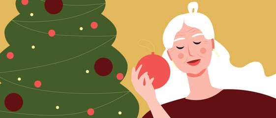 Old woman Holiday Solitude, finding meaning and connection in solitude, flat vector stock illustration