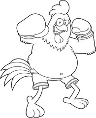 Outlined Angry Boxer Chicken Rooster Cartoon Character Wearing Boxing Gloves. Vector Hand Drawn Illustration Isolated On Transparent Background
