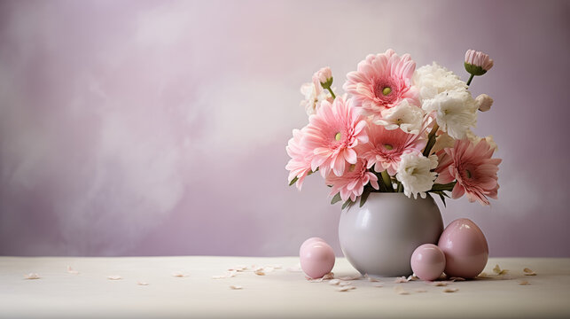 Easter banner with vase and delicate pink spring flowers with Easter eggs on a light background