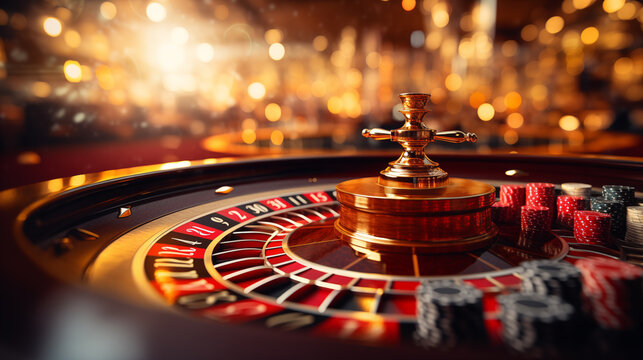 Casino with roulette table in casino with chips. Background casino, no people