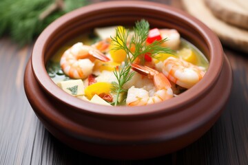 shrimp pil pil in a sizzling clay dish with herbs