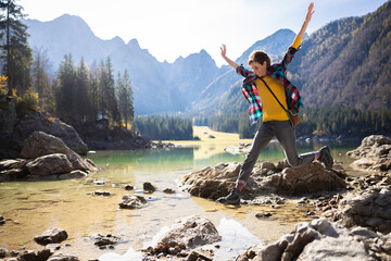 Carefree Mid Adult Caucasian Woman Joyful Lifestyle in Mountains Nature