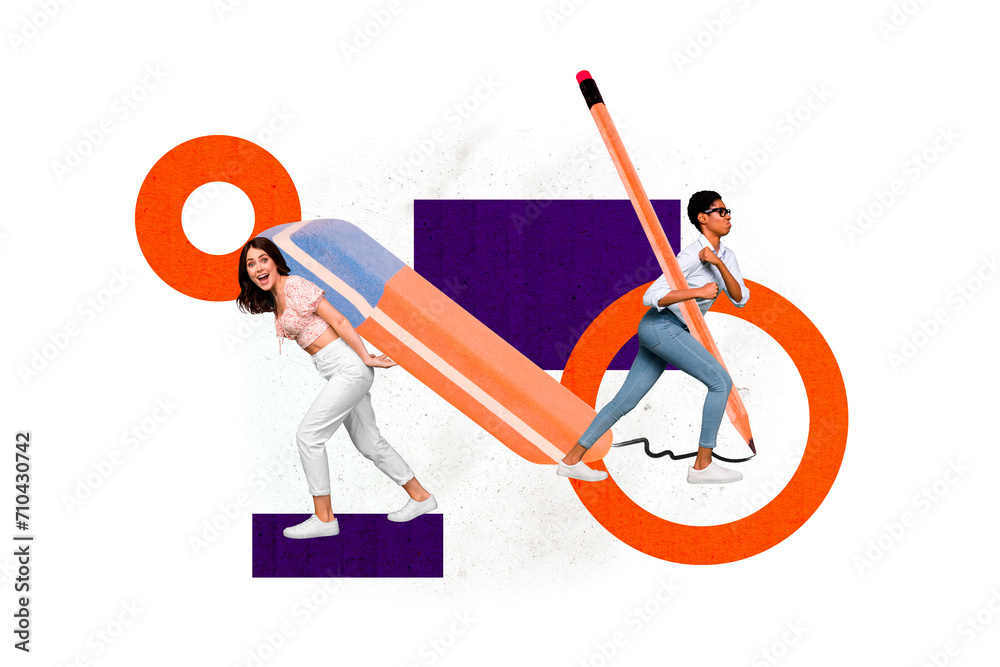 Sticker Template illustration collage of two young students women in university hold eraser and pencil writing notes isolated on white background