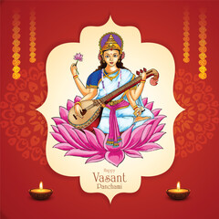 Vasant panchami on indian god saraswati maa religious card design