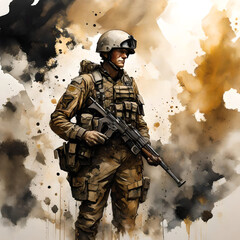 Splatter water color style painting of an American Soldier