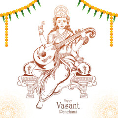 Hand draw indian god saraswati maa on vasant panchami card design