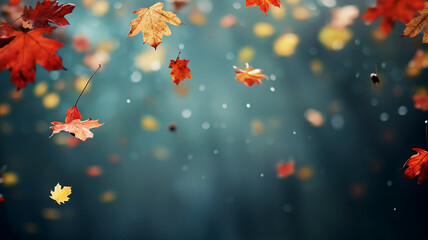 dry autumn falling leaves autumn park background, selective focus blurred forest background fall
