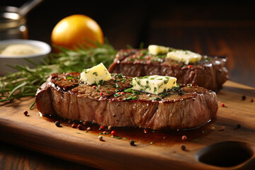 Perfectly cooked medium rare sirloin steak with garlic butter - obrazy, fototapety, plakaty