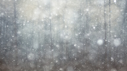 Obraz na płótnie Canvas background landscape snowfall in foggy forest, winter view, blurred forest in snowfall with copy space