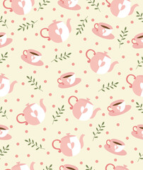 Pattern teapot and teacup with leaves on light pink background.