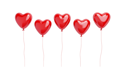Red heart balloons on transparent background. Foil air balloon for party, Christmas, Birthday, Valentines day, Womens day, wedding, grand opening. Glossy shine helium balloon