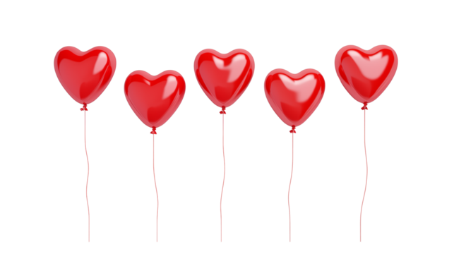 Red heart balloons on transparent background. Foil air balloon for party, Christmas, Birthday, Valentines day, Womens day, wedding, grand opening. Glossy shine helium balloon